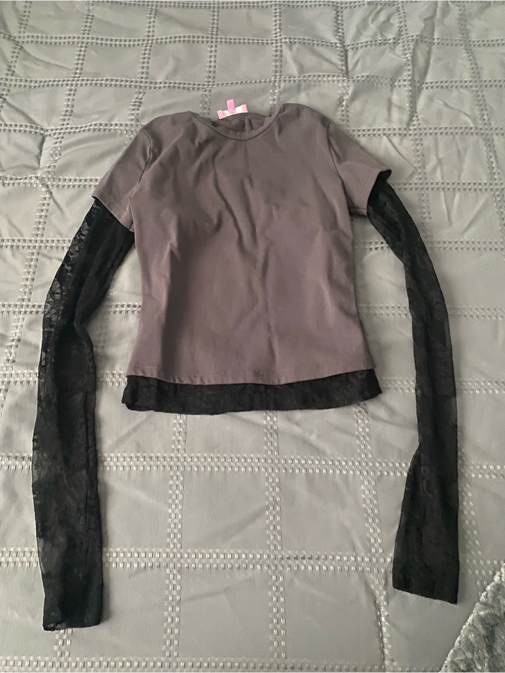 Edikted Short Sleeve Tee with Black Lace Sleeves - Gray